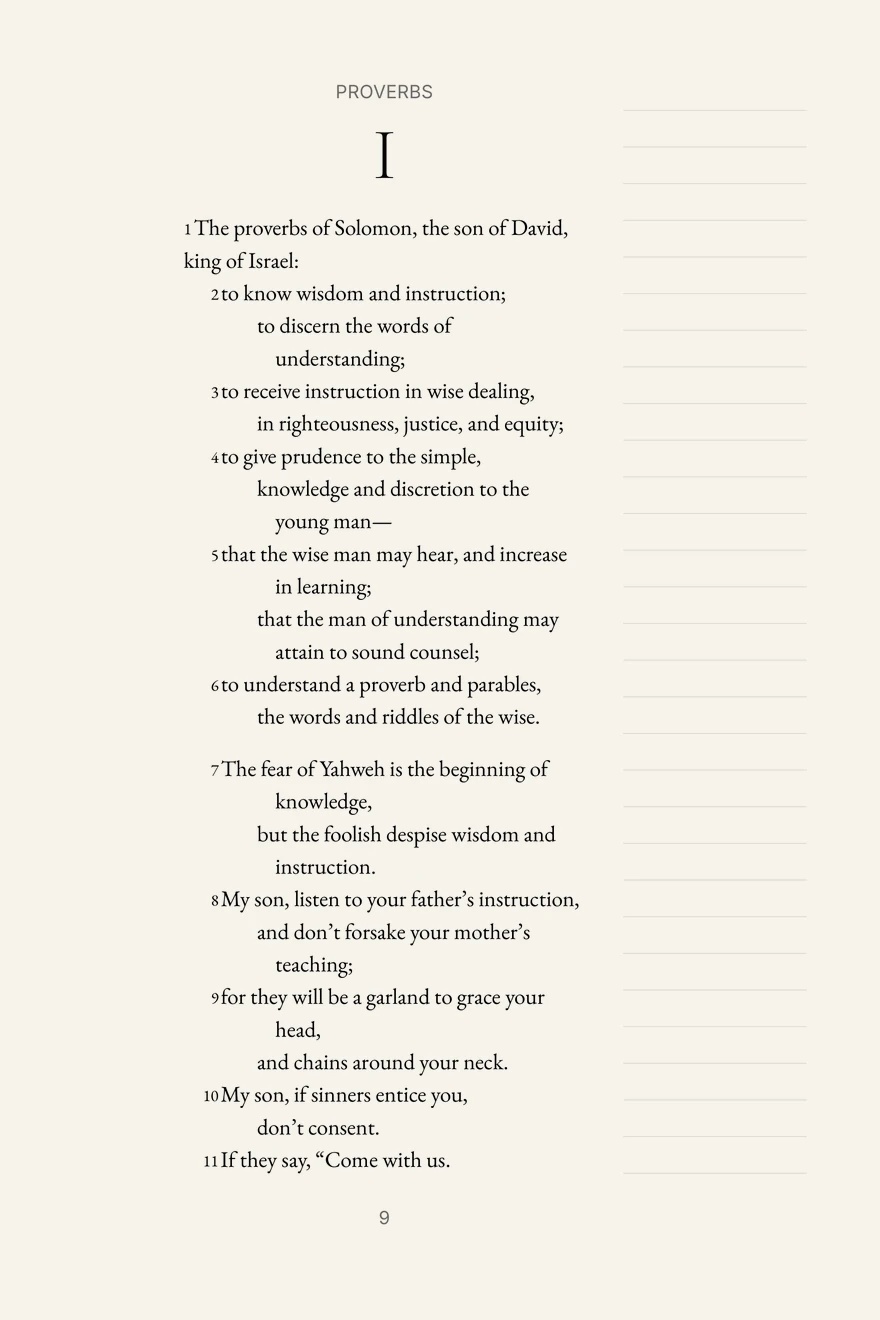 Page 9 of Proverbs, the opening of chapter one: the text sits on the left two thirds, and the outer third is ruled, empty space for writing.